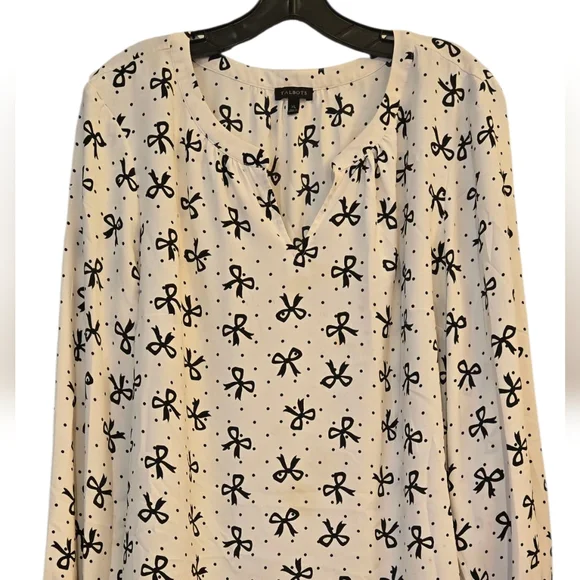 Talbots Smocked-Sleeve Bow Top Women's Size XL Casual Cottage Core Black/Cream - Picture 13 of 14